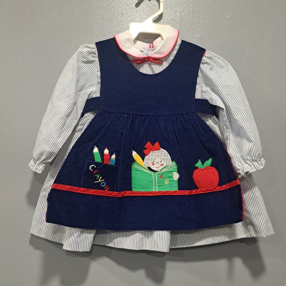 Vintage Back to School Corduroy Pinafore Dress Set Navy‎ Blue Apple ABC 2T